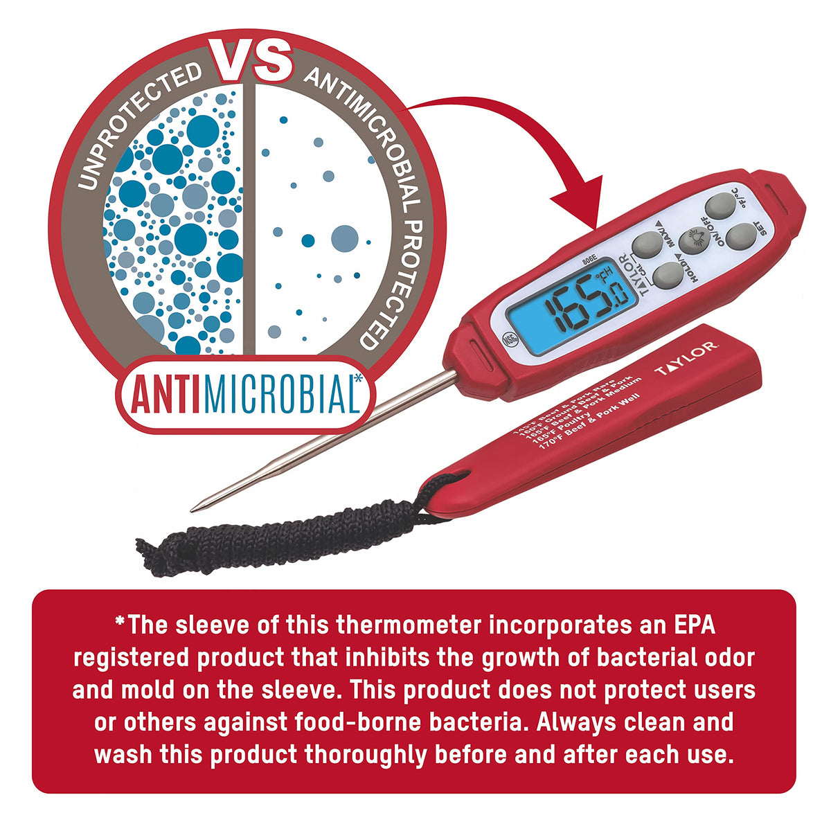 Taylor Digital Waterproof Thermometer with Bright Blue Backlight for Kitchen, Meat, Food, Grill, BBQ Cooking, Red, Standard,(806GW)