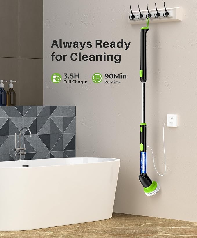 LyriFine Electric Spin Scrubber, 2024 New Full-Body IPX7 Waterproof Bathroom Cleaner Brush, Shower Scrubber with Long Handle & 2 Speed, Heads Replacement, Cleaning Supplies for Tub Shower Tile Floor