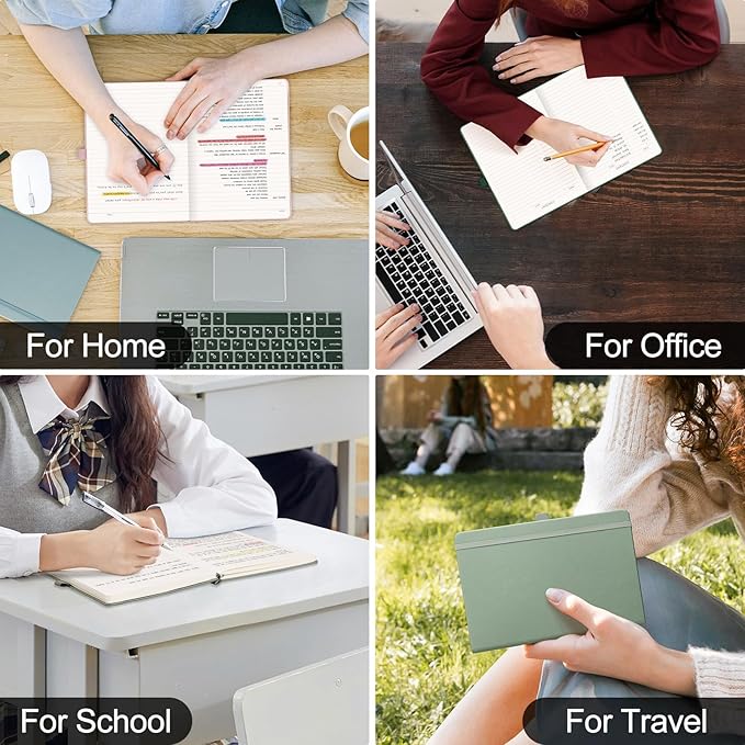 EMSHOI A5 College Ruled Notebook Journal- 400 Pages (200 sheets), 7mm Spacing & Vegan Leather Cover for Work, School, Bible Study, Bullet Journaling- with Sticky Notes, Pocket & Pen Holder- Dark Green