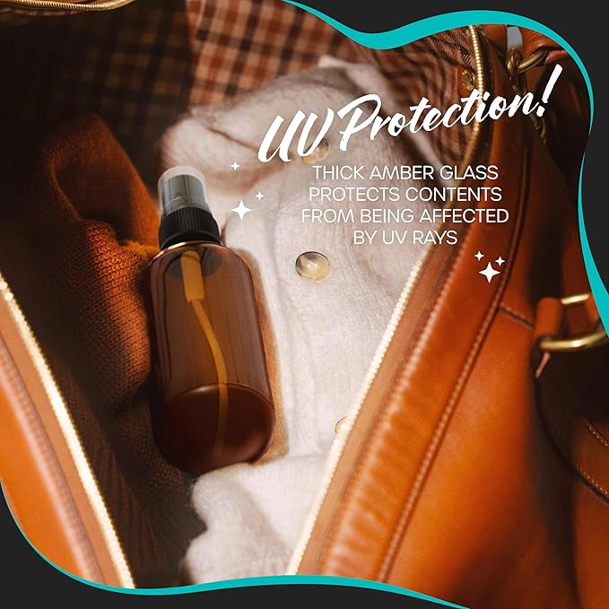 Nevlers 4 Oz Amber Glass Spray Bottles 3 Pack | Small Glass Spray Bottle Set with Shrink Wraps and Funnel | Leakproof Oil Spray Bottle and Spritzer Bottles for Hair, Body, & More