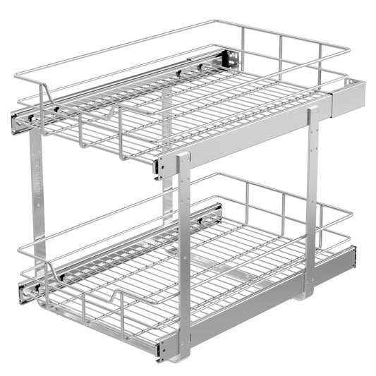 2 Tier Pull Out Cabinet Organizer 14" W X 22" D, Slide Out Drawers For Kitchen Cabinets, Pull Out Drawers For Cabinets Capacity Heavy Duty Caddy, Cabinet Pullout Shelves Chrome-Plated,Bathroom Pantry