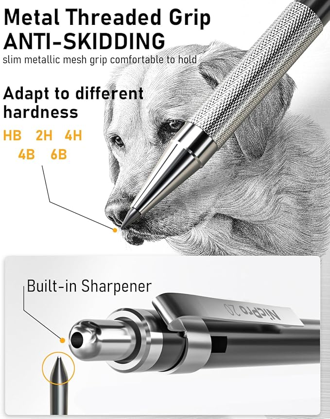 Nicpro 34PCS Black Art Mechanical Pencils Set, Metal Drafting Pencil 0.3, 0.5, 0.7, 0.9 mm & 2PCS 2mm Lead Holder (6B 4B 2B HB 2H 4H Colors) For Sketching Drawing With 19 Tube Lead Refills Case