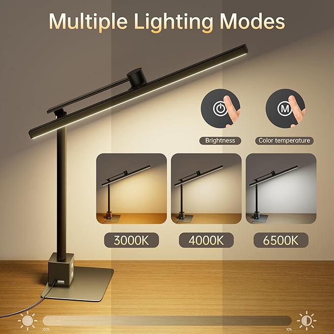 deeloop 2-in-1 LED Desk Lamp or Clamp with USB Charging for Home Office, CRI 95+ for Sunlight-Like Spectrum, 45° Asymmetric Glare‑Free Light, Memory Dimming Desk Light, Full‑Angle 3‑Axis Office Lamp
