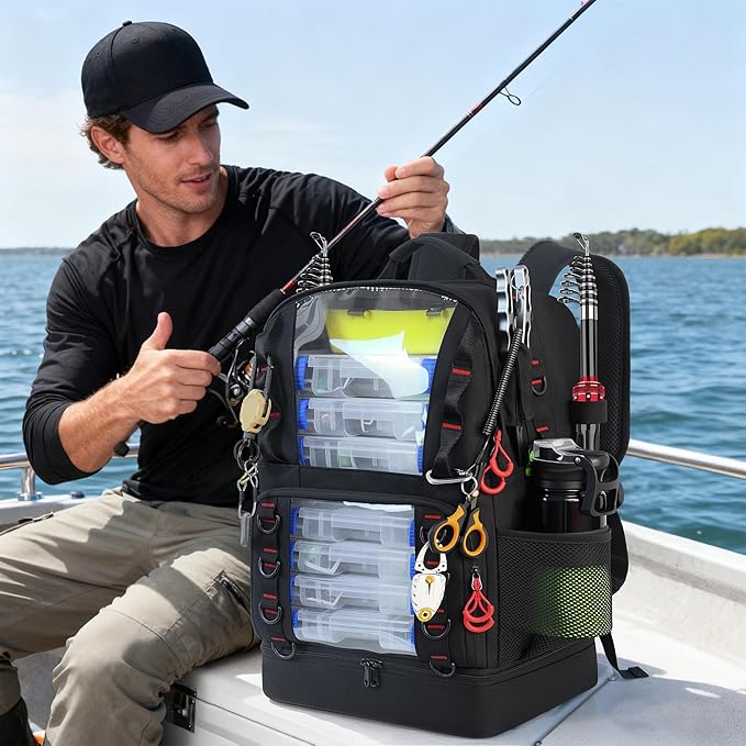 Fishing Tackle Backpack with 4 Tackle Boxes,45L Large Tackle Bag with 2 Rod Holders & Clear Window,Outdoor Fishing Backpack for Fishing,Camping,Hiking,Black