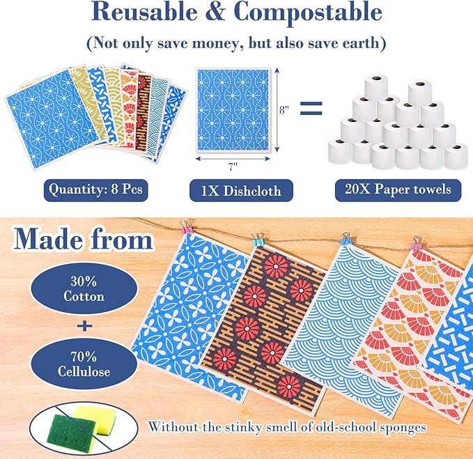 Lucomb 8 Pack Swedish Dishcloths for Kitchen, Reusable Dish Cloth Kitchen Towels Absorbent Sponges Fast Drying Swedish Dish Cloth for Washing Dishes Countertops Tables Cleaning