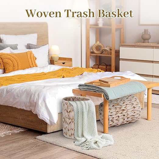 Boho Wicker Trash Can with Lid,Waterproof Bathroom Trash Can Hand Woven Wicker Waste Baskets for Kitchen Office Bedroom