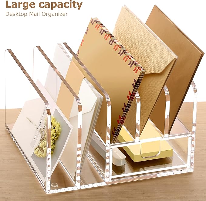 SANRUI Acrylic Mail Sorter Desktop Organizer Holder with Drawer, 5 Compartments Clear Small File Script Letter Document Storage for Desk Bill Filling Envelope Holder Office, Home, School Organization