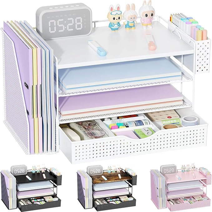Wood Desk Organizers and Accessories with File Holder, 4-Tier Desk Accessories & Workspace Organizers with Drawer and Pen Holder, Paper Organizer for Office Supplies (White)