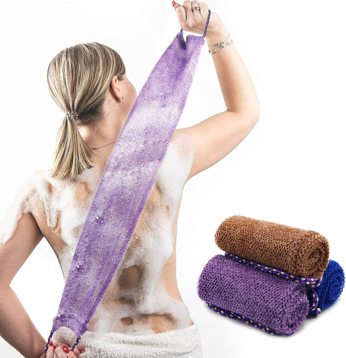 Dr.Pedi 3 Pieces African Net Sponge with Handles Long African Exfoliating Net Washcloth Bath Sponge Net Cloth Wash Net Body Back Scrubber for Shower Loofah