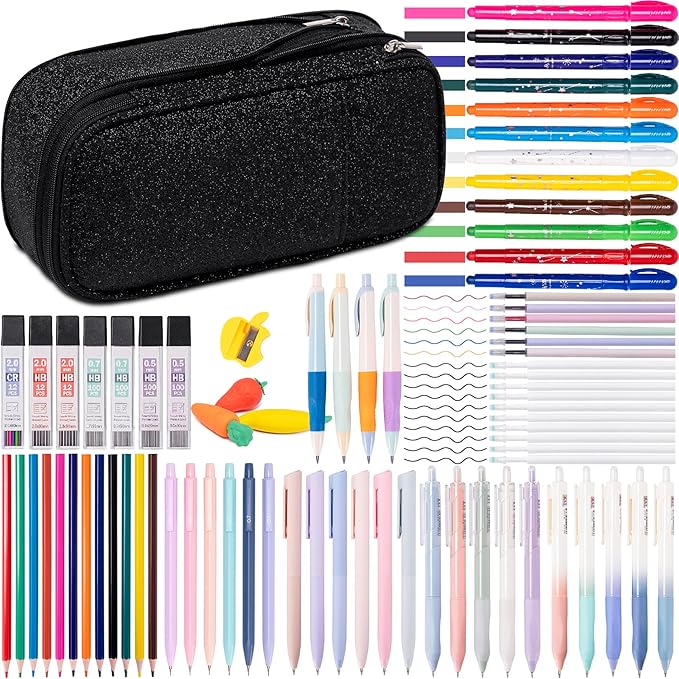 Professional 78PCS Drafting & Writing Kit For Boys Kids, Students School Supplies, 12 Highlighters, 16 Pens, 10 Mechanical Pencils 0.5 0.7 2.0mm, Includes 452 Lead & Gel Refills, Black Pencils Case