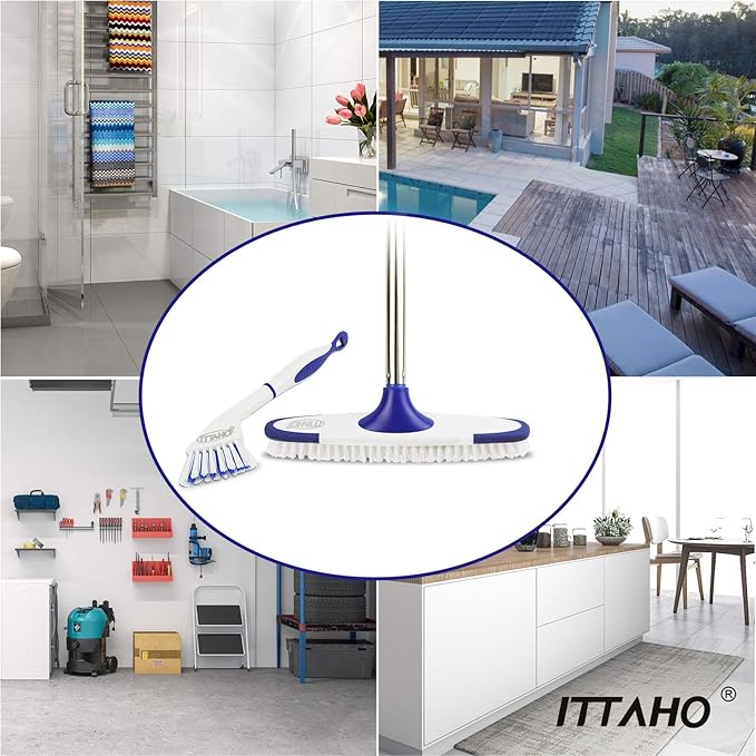 ITTAHO Floor Scrub Brush with Long Handle - 53" Deck & Grout Cleaner Brush Set for Tile, Marble, Stone, Bathroom, Patio, Garage, Deck & Floor Cleaning