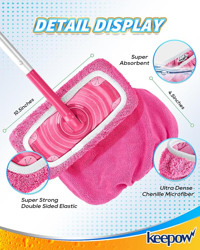 KEEPOW 4 Pack Reusable Mop Pads Compatible with Swiffer Sweeper, Microfiber Washable Pink Swiffer Mop Pads, Dry & Wet Sweeping Mopping Cloths (Pink)