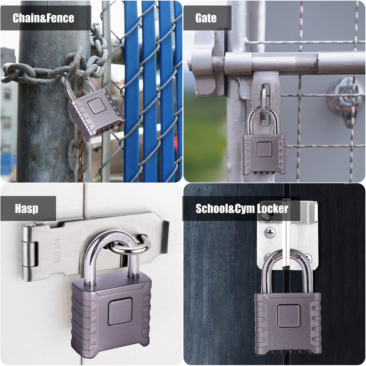 1 Pack disecu Heavy Duty 4 Digit Combination Lock, One Touch Unlocking, Anti-Error Feature, High Security Waterproof Large Outdoor Padlock for School Gym Locker, Fence, Gate, Storage Unit (Grey)