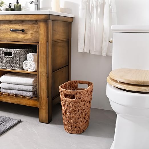 GRANNY SAYS Wicker Trash Can, Bathroom Trash Can with Handles, Wicker Waste Basket for Bathroom, Waste Basket for Bedroom, Decorative Boho Trash Can, 19 Liters/5 Gallons, 1-Pack Caramel Orange