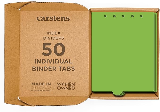 Carstens - Heavy Duty Plastic Ring Binder Dividers, Bottom Tab, 1/9 Cut, Tab 4 Position, US Letter, Apple Green, Case of 50, (2619-24CS) - Ideal Medical Chart Dividers or Index Tabs for 3 Ring Binders