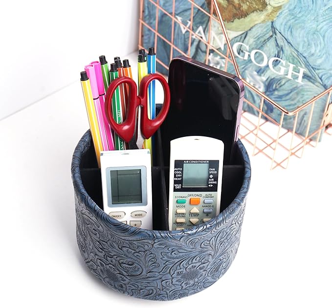 lizimandu Round Leather Art Supply Organizer,Remote Control Holder,360 Degree Spinning,Multi-Functional Pencil Holder,4 Compartments Desktop Stationary Organizer(1-Carved Dark Blue)