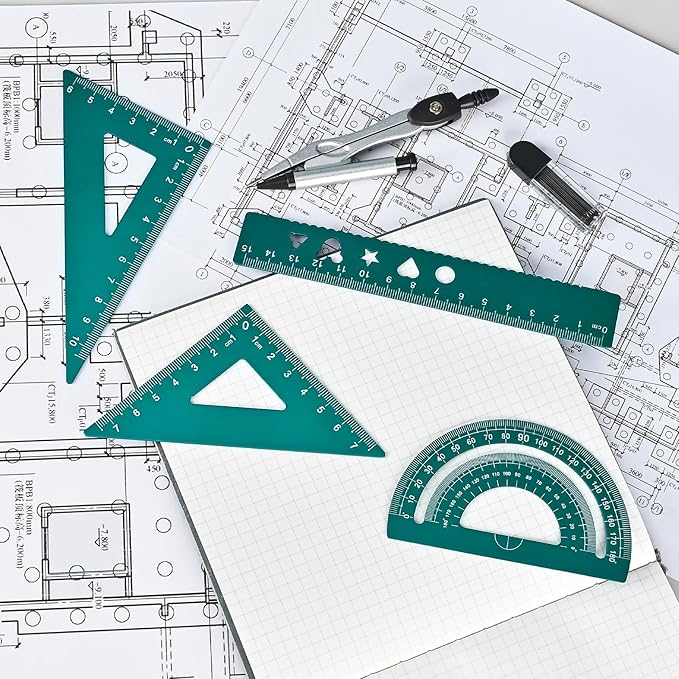 6 Pcs Metal Geometry Set, Math Geometry Kit, Metal Ruler Set and Compass Geometry Tool, Rulers Protractor and Compass Set for Student School and Drawings Supplies (Green)