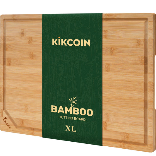 Kikcoin 17”×11” Bamboo Cutting Boards for Kitchen, Healthy Wooden Cutting Boards for Kitchen, Charcuterie, Vegetables, Cheese, Extra Large Chopping Boards with Deep Juice Groove and Handle, Natural