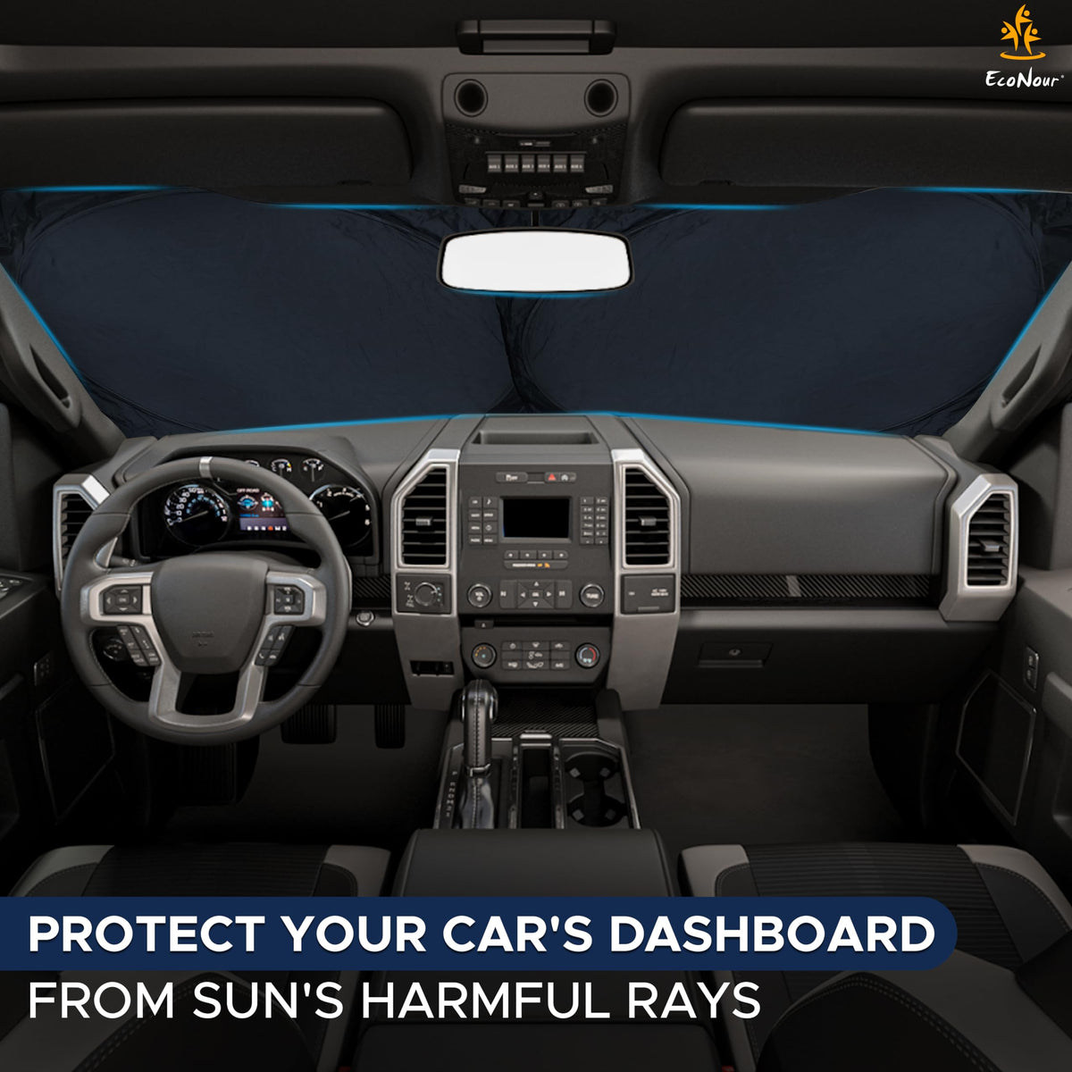 EcoNour Truck Windshield Sun Shade with Storage Pouch - Reflective 240T Material Truck Windshield Cover - Foldable Sun Shield UV Dashboard Protection from Sun Heat | X-Large (69 x 35 inches)