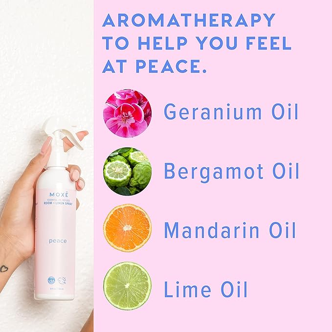 MOXĒ Peace Linen & Room Spray, Zen-Ful Essential Oils, Natural Aromatherapy Mist, Home & Bedroom, Office, Furniture, Bedding, Pillows, Sheets, Bergamot, Lime, Mandarin, Geranium, 8 Ounces (1 Pack)