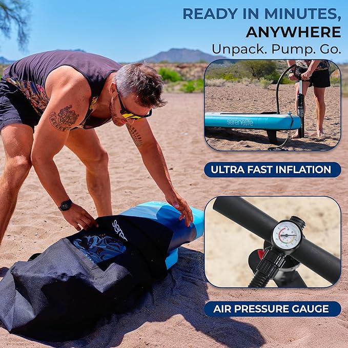SereneLife 10’6" Inflatable Stand Up Paddle Board with Premium SUP Accessories - Wide Stable Design with Non-Slip EVA Deck Pad, for Youth and Adults, 350 lbs. Capacity
