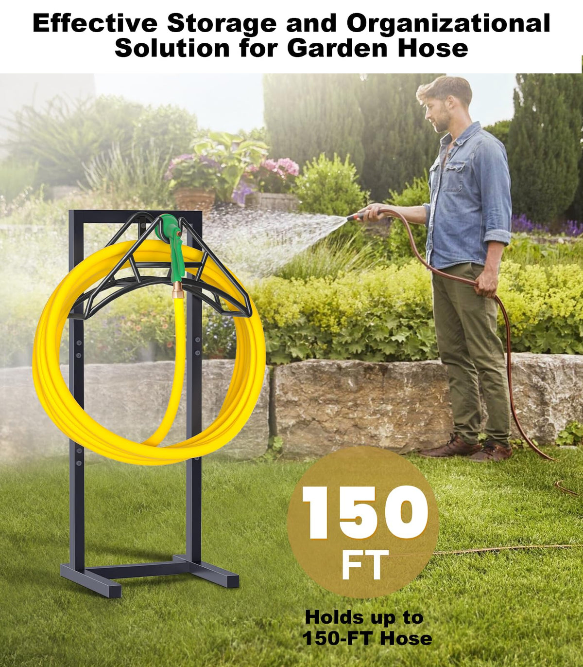 Artigarden Outdoor Garden Hose Holder Freestanding with 4 Spikes, Heavy Duty Metal Water Hose Reel Stand Hanger Rack Organizer Holds Storage 150ft Hose for Outside Yard Lawn, Black