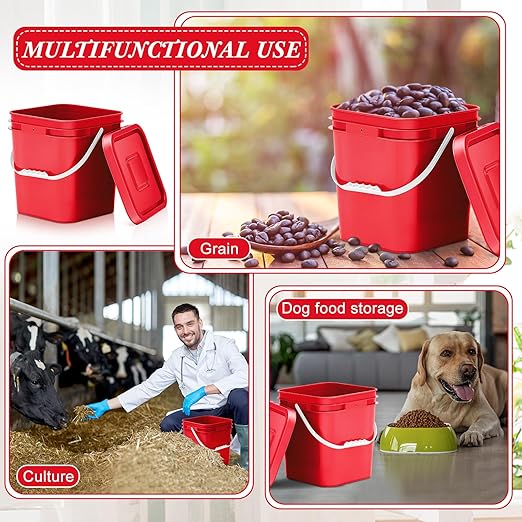 Mumufy 5 Pcs 3.5 Gallon Square Food Grade Bucket with Lid Square Bucket Pail with Plastic Handles for Storing Dry Food, Charcoal, Camping, Fishing (Red)