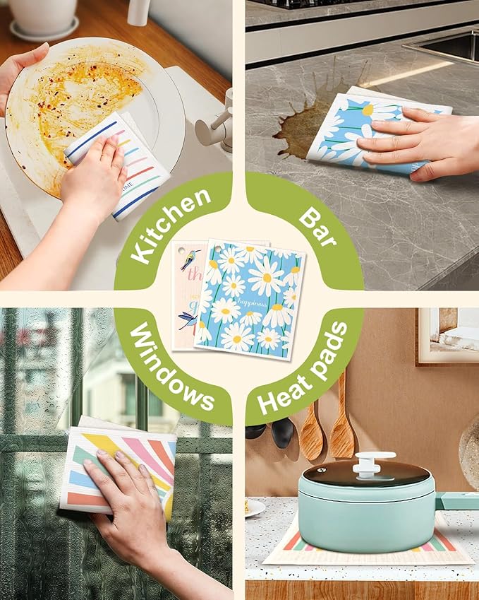 6 Pack Swedish Dishcloths for Kitchen - Reusable Dish Cloths for Washing Dishes Absorbent Cute Funny Kitchen Towels Cleaning Sponge, Rainbow