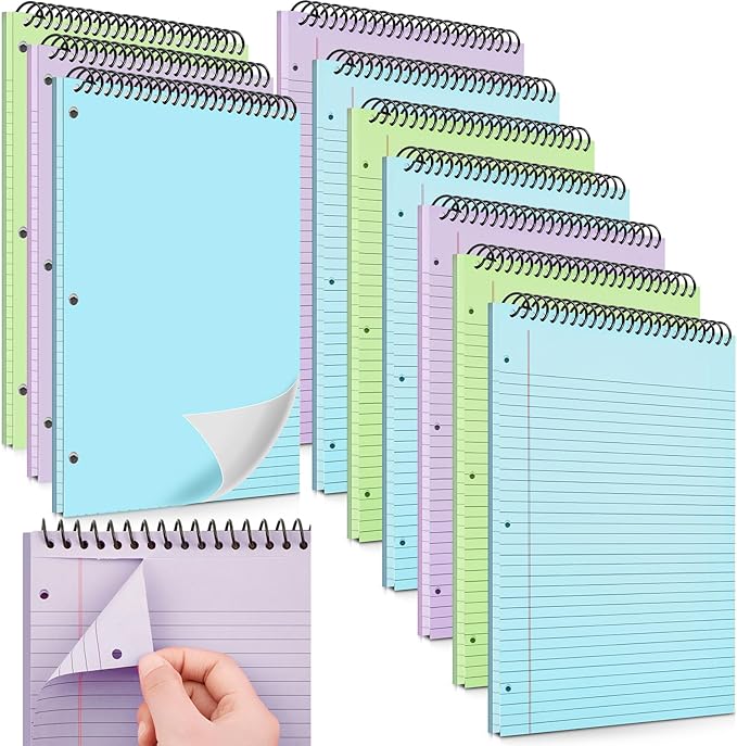 10 Packs 8.5" x 11" Top Spiral Notebook with 3 Hole Punched Legal Pads College Ruled Notepad 50 Sheets Hard Cardboard Paper Wirebound Notepad for Office School Business (Green,Blue,Purple)