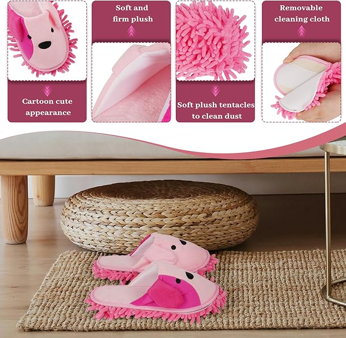 Liitrton Mop Slippers Cartoon Mop Shoes, Washable Microfiber Slippers for Floor Cleaning, Detachable Mopping Slippers for Women Home Floor Cleaning Tools (Pink, Women 7-9/Men 5-7)