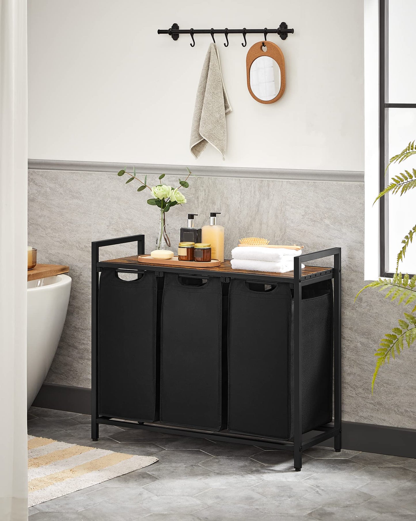 VASAGLE Laundry Hamper, Laundry Basket, Laundry Sorter with 3 Pull-Out and Removable Bags, Shelf, Metal Frame, 3 x 10.6 Gallons (40 L), 36.4 x 13 x 28.4 Inches, Ink Black and Rustic Brown UBLH301B01