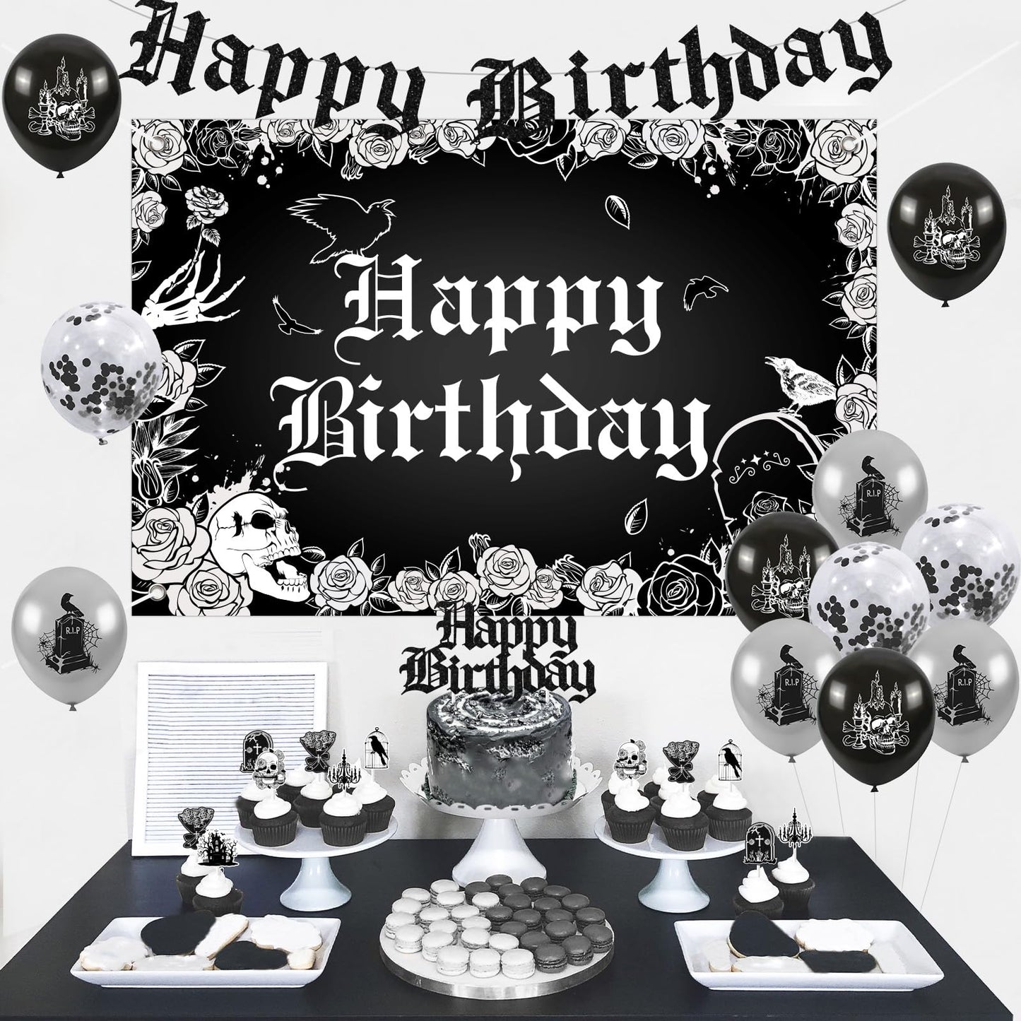 Fangleland Gothic Birthday Decorations, Skull Theme Happy Birthday Backdrop Cake Topper Banner, Black Silver Cupcake Picks Balloons Bday Party Supplies Photography Background for Men Women