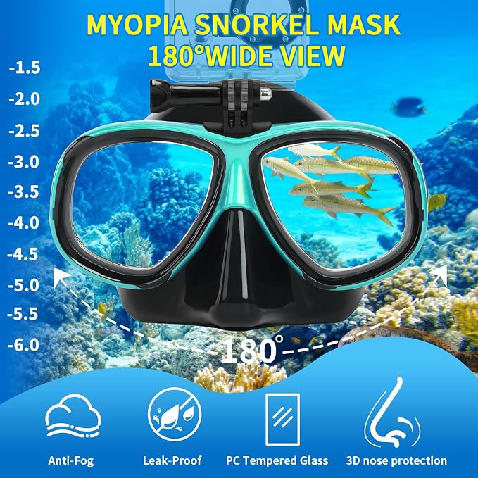 Nearsighted Snorkeling Gear for Adults Youth, Professional Shortsighted Full Dry Top Silicone Snorkel Set, Anti-Fog Diving Mask with Detachable Camera Mount for Scuba Diving, Spearfishing, Freediving