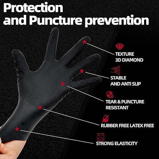 Jointown Basic Heavy Duty Nitrile Gloves, Mechanic Gloves 8 Mil Nitrile Disposable, with Raised Diamond Texture, Case of 1000, Black, Large