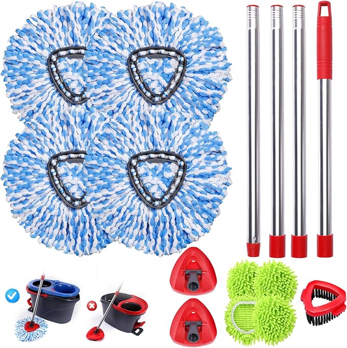 4 Pcs Spin Mop Heads Replacements & 4 Blue Mircofiber & 1 Brush & 2 Base &1 Handle Set for Ocedar Rinseclean 2-Tank System,Machine Washable Chenille Mop Replacement,Easy Cleaning for Bathroom,Kitchen
