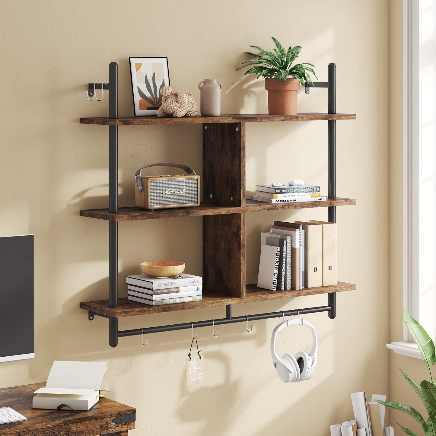 Bestier 41.5" Floating Shelves for Wall 3 Tier Kitchen Shelves Wall Mounted Coffee Bar Shelf Hanging Shelf with 8 Hooks, Industrial Display Pipe Shelving for Kitchen Living Room Bathroom, Rustic Brown