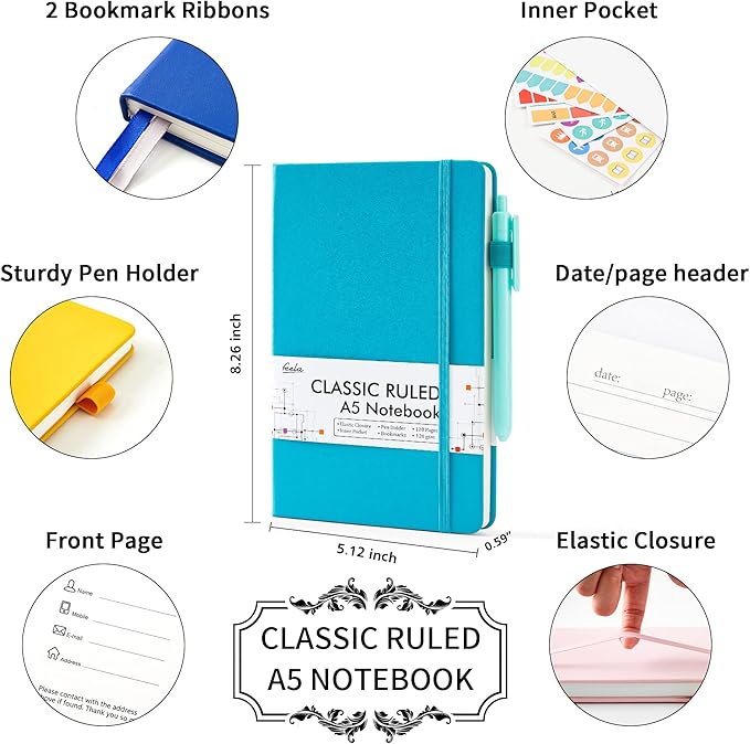 feela Notebooks Journals Bulk, Hardcover Notebook Classic Ruled Journal Set with Pen Holder for School Business Work Travel Writing, with 12 Black Pens, 120 GSM, 5.1”x8.3”, 12 Pack, A5, Solid Colors