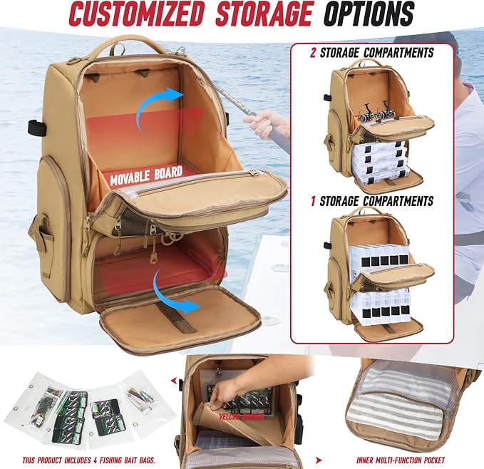 Fishing Tackle Backpack,Tackle Bag with 2 Rod Holders,Water-Resistant Large Storage Fishing Gear and Equipment (B-Khaki)