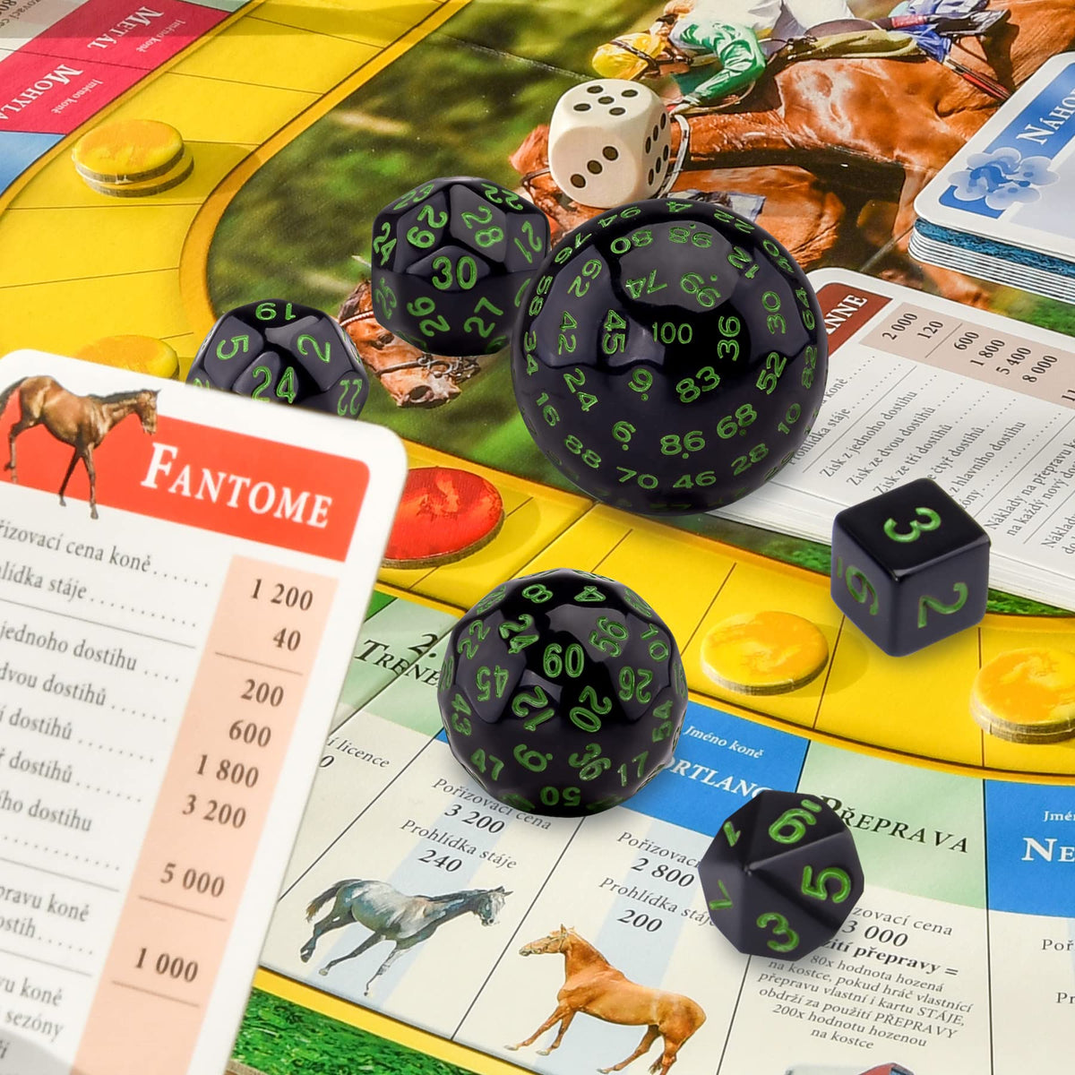 AUSTOR 15 Pieces Complete Polyhedral Dice Set D3-D100 Game Dice Set with a Leather Drawstring Storage Bag for Role Playing Table Games(Black & Green)