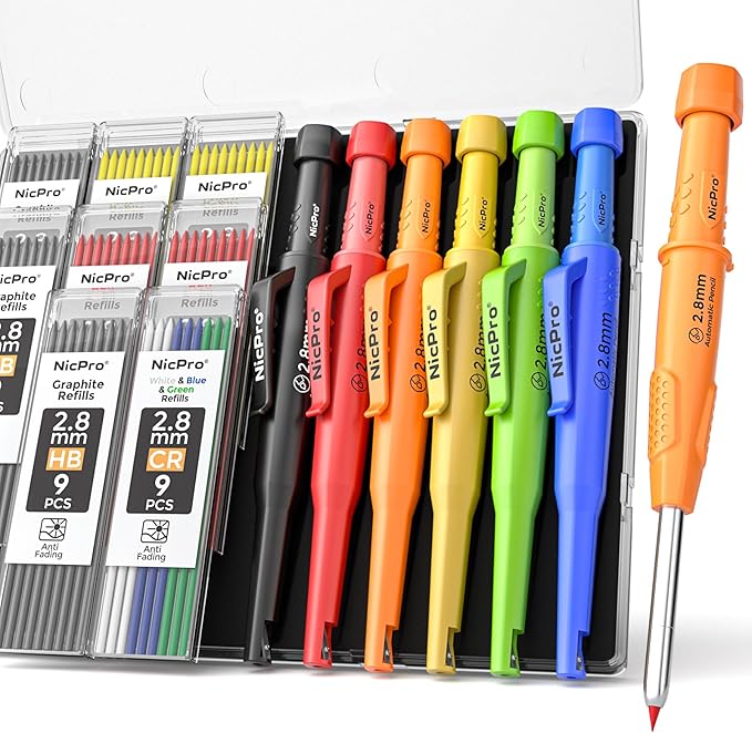 Nicpro 6 Pack CP3000 Carpenter Pencil with Sharpener, Mechanical Pencils Set with 78 Refill, Heavy Duty Construction Pencil, Carpenter Tools for Architect Marking (Red,Black,Yellow,Orange,Green,Blue)