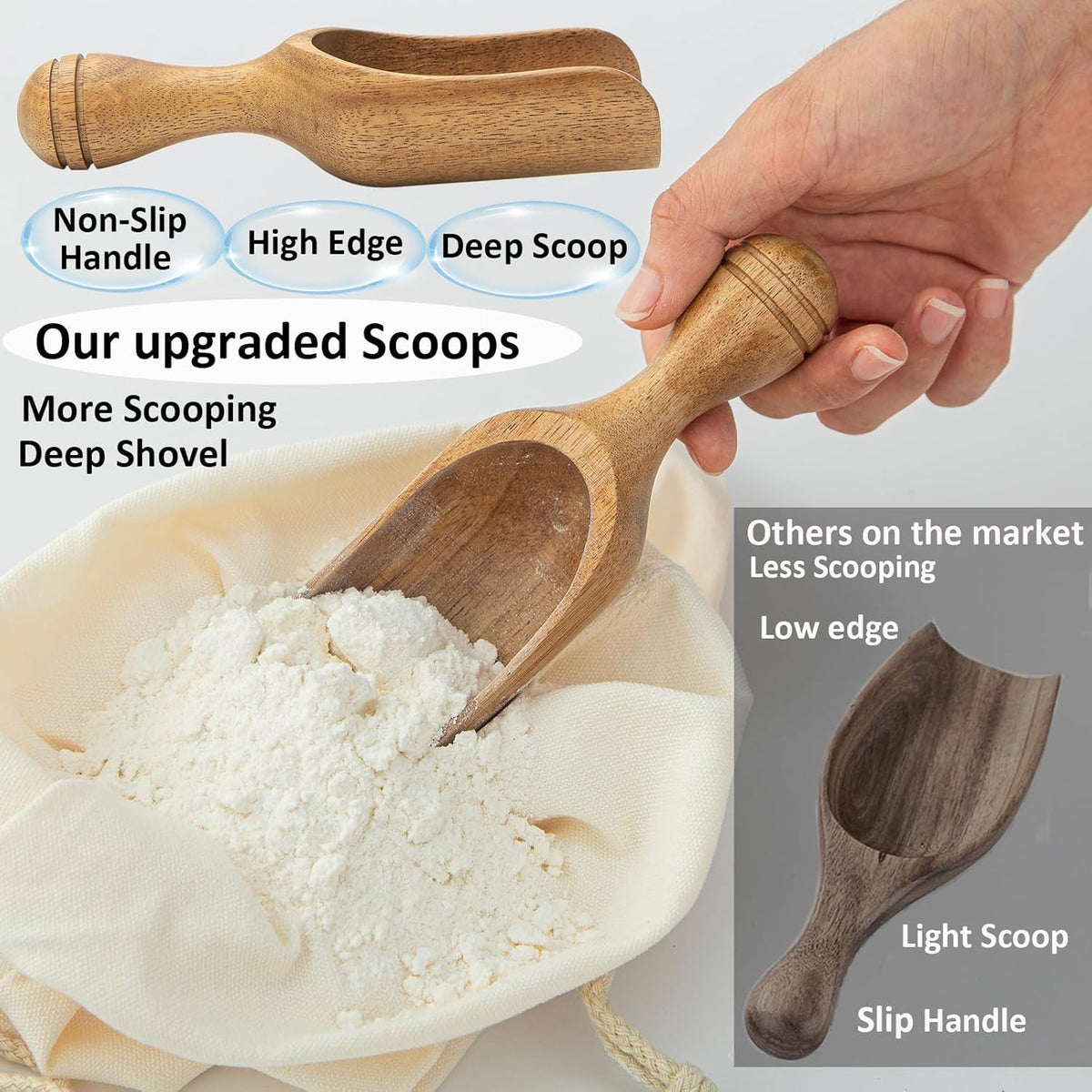 Big Coffee Scoop Shovel, 2pcs Wooden Scoop for Jars, Acacia Large Ground Coffee Scoop 5.9″ Measuring Spoons for Coffee Scoops, Tea, Powder- Multifunctional Kitchen Scoop for Bath Salts,Laundry