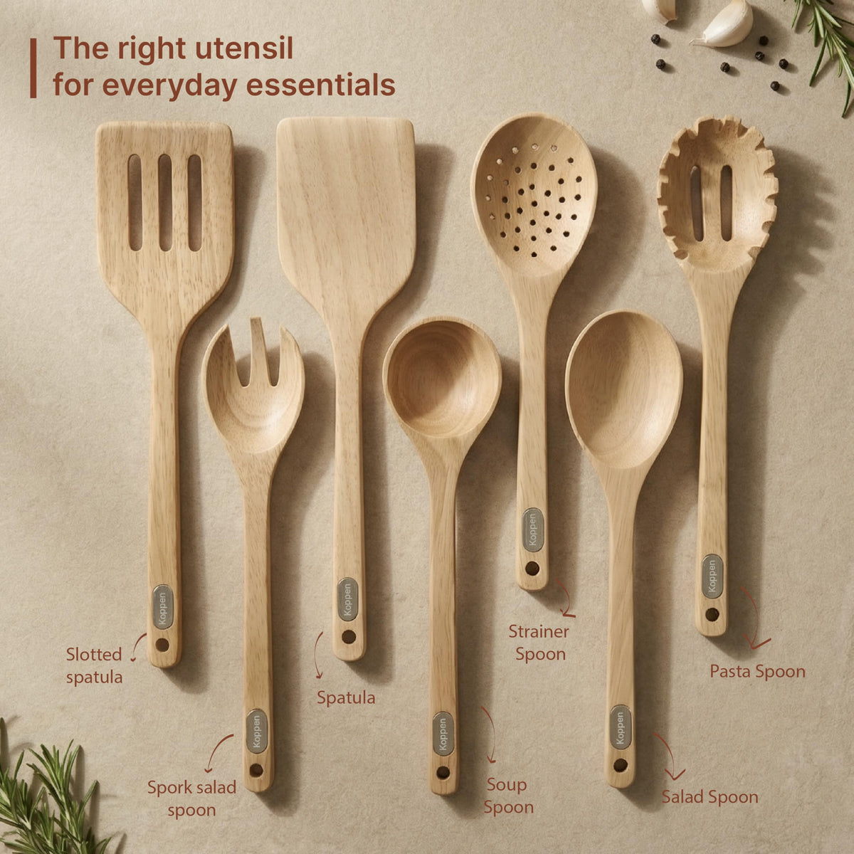 Koppen Rubber Wood Kitchen Utensils Set, Durable Wooden Cooking Spoon and Spatula Ladle for Nonstick Cookware, Non Toxic, Heat Resistant, Smooth Grip, Modern Elegant Design for Everyday (7 Piece Set)