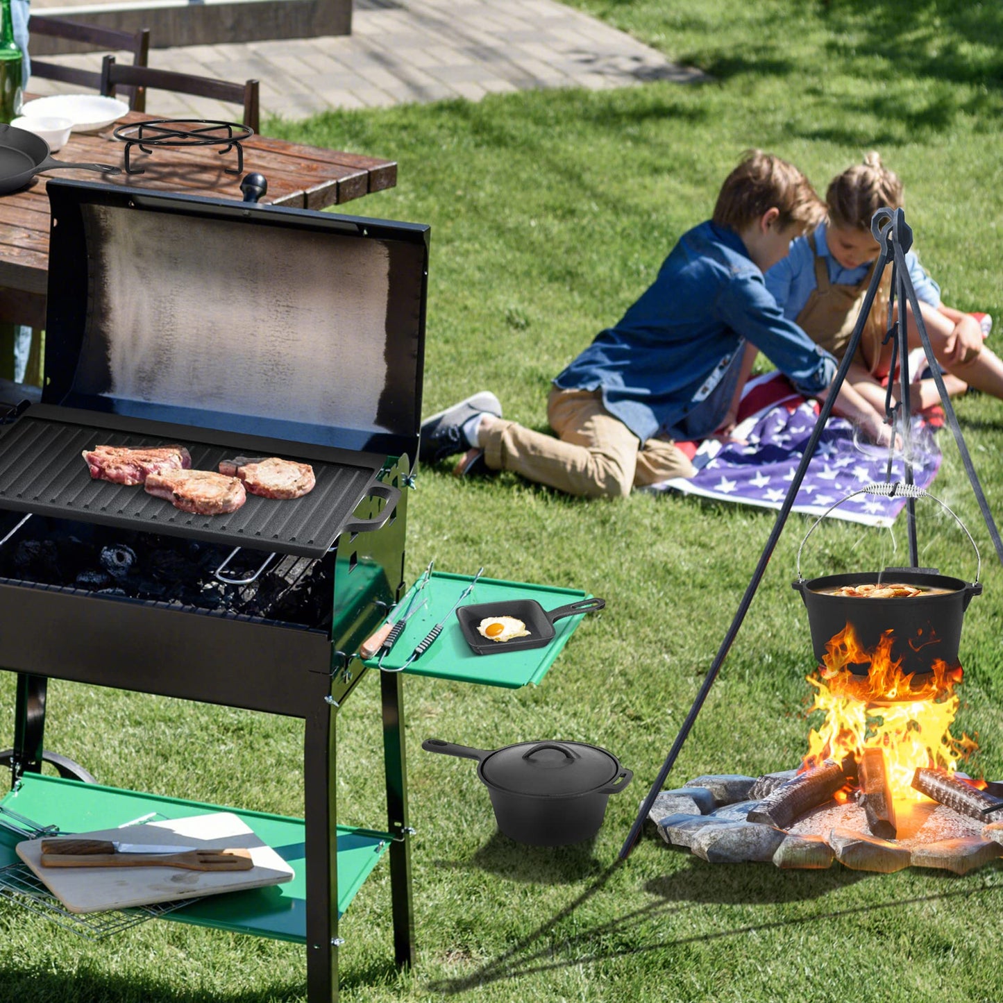 8 Piece Pre-Seasoned Dutch Oven Cooking Set Cast Iron Camping Kitchen Cookware Bakeware Skillets & Square Grill Pan w/Vintage Carrying Wood Box for Ourdoor Home BBQ Baking