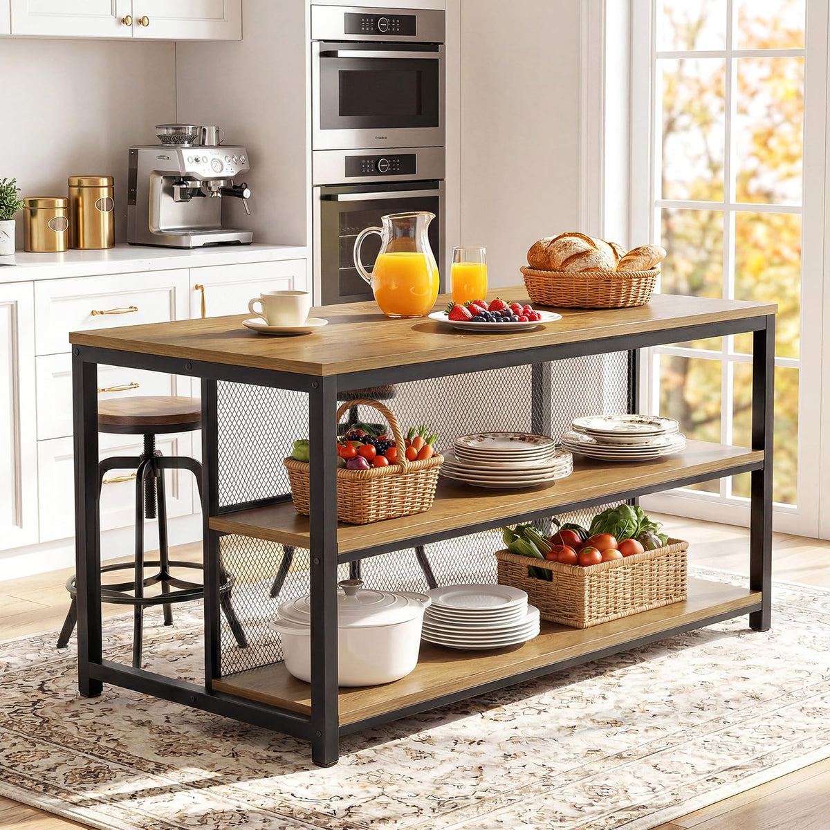 Tribesigns 63" Kitchen Island, Industrial Bar Table with Storage Shelves & Seating, Modern Farmhouse High Top Kitchen Dining Table with Metal Frame for Kitchen, Dining Room, Living Room, Bistro