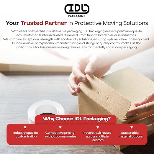 IDL Packaging 2.83" x 450 feet Reinforced Water-Activated Kraft Gummed Tape 30lb Thickness (Pack of 6) - Secure Paper Packing Tape for Secure Carton Sealing - Heavy-Duty for All Conditions, White