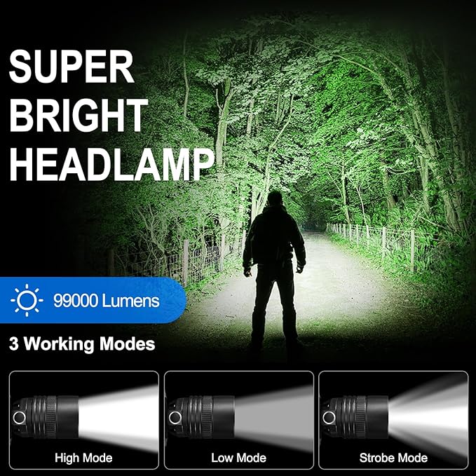 Rechargeable Headlamp 2Pack, 99000 Lumens Super Bright LED Head Lamp with 3 Modes, 90° Adjustable Head Lights for Forehead, 45H Long Runtime & IPX6 Waterproof HeadLamps for Camping Hunting Hiking