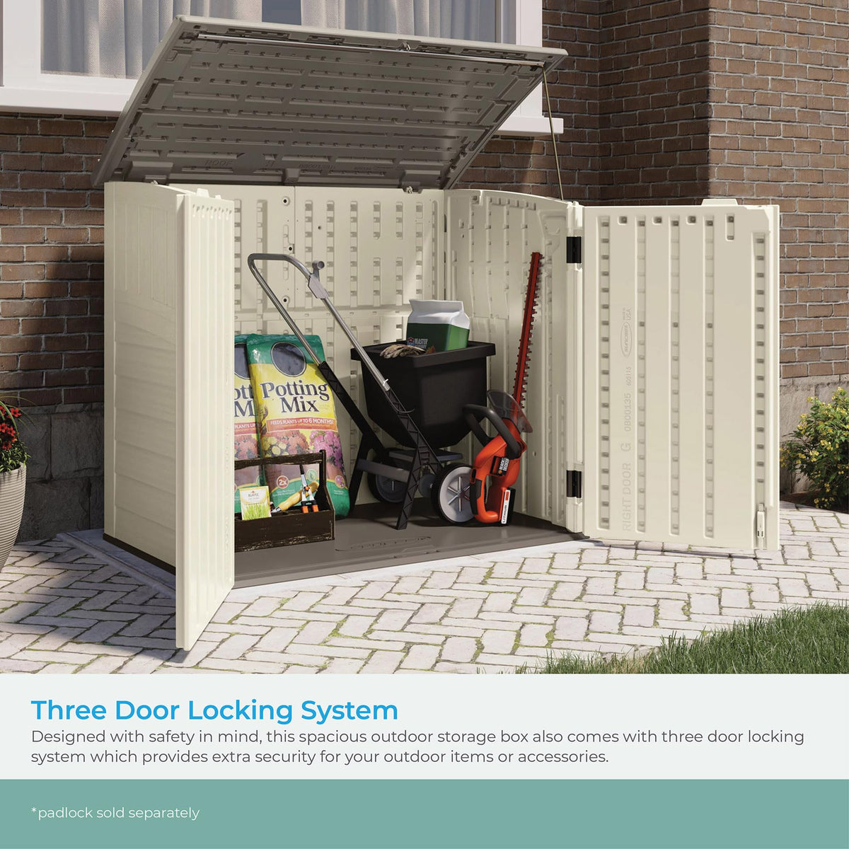 Suncast 34 Cu Ft Capacity Horizontal Outdoor Storage Shed for Garbage Cans, Garden Accessories, Backyard, and Patio Use, Vanilla