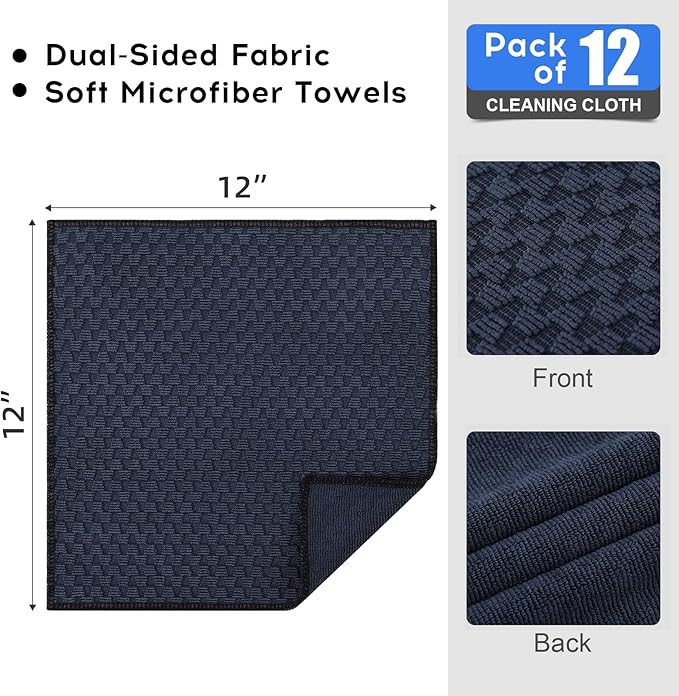 Kitinjoy Microfiber Cleaning Cloth, 12 Pack Soft and No Lint Microfiber Towels Cleaning Supplies, Absorbent Fast Drying Cleaning Rags for Housekeeping, Kitchen, Window, 12 x12 Inches, Black Iris