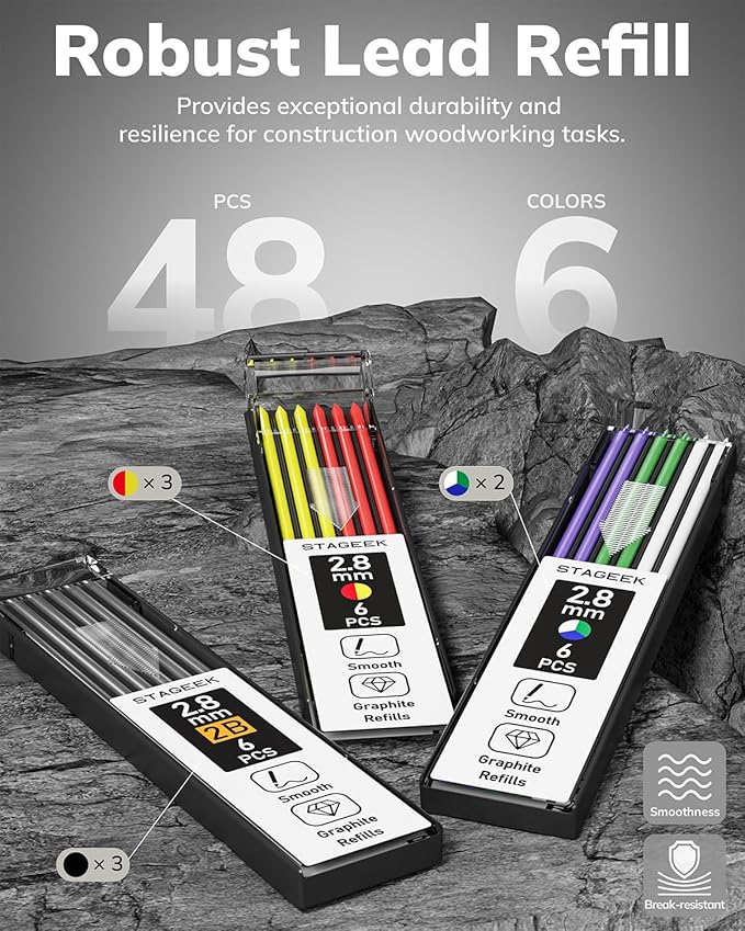 4PCS Carpenter Pencils with Sharpener, Heavy Duty Woodworking Pencils, Mechanical Carpenter Pencil with 52 Refills, Deep Hole Long Nib Marker Pens for Architect Construction Marking with Case
