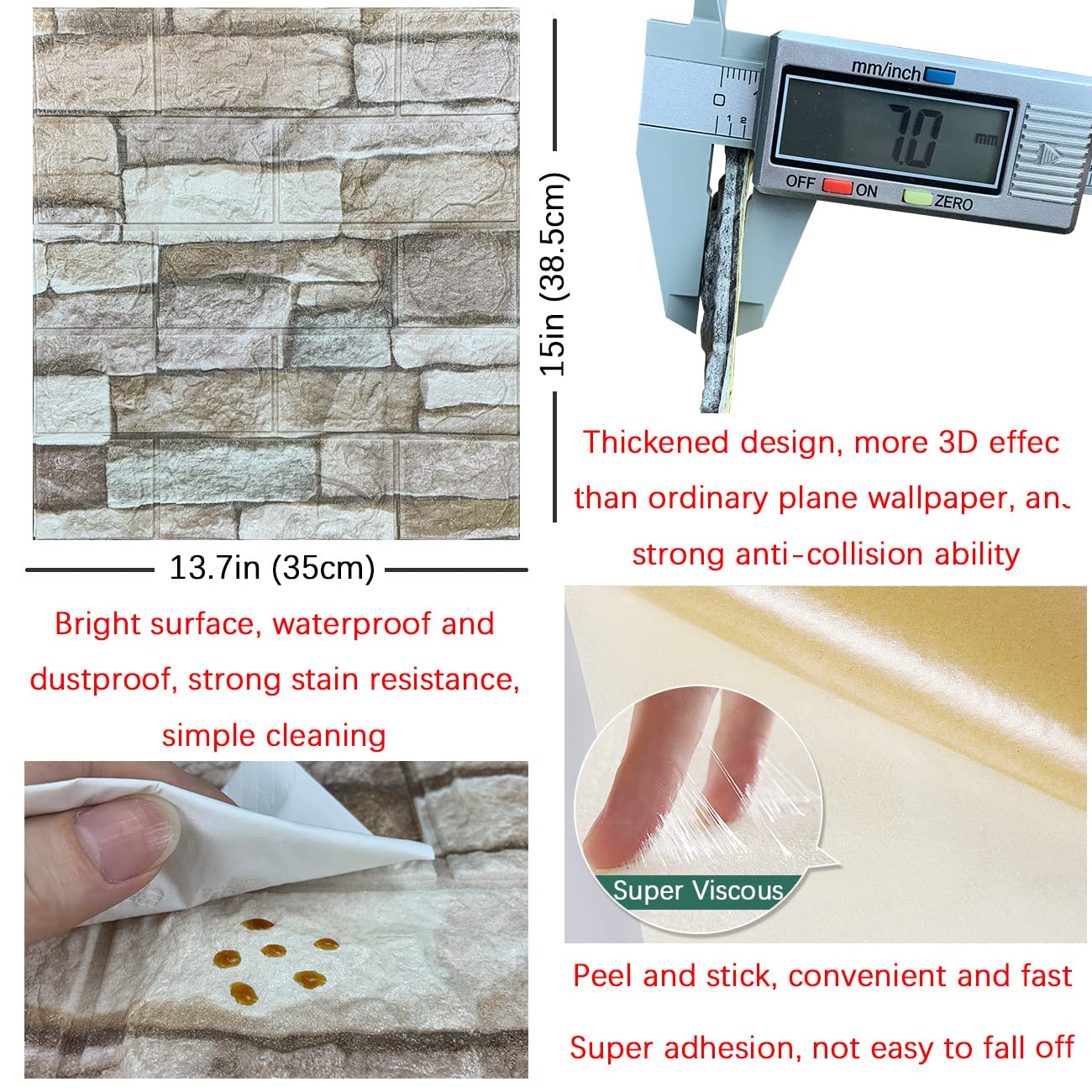 10PCS 3D Wall Panels Peel and Stick Foam 3D Brick Wallpaper Peel and Stick Faux Stone Wall Panel Self-Adhesive Wallpaper (10PCS, Rock Color)